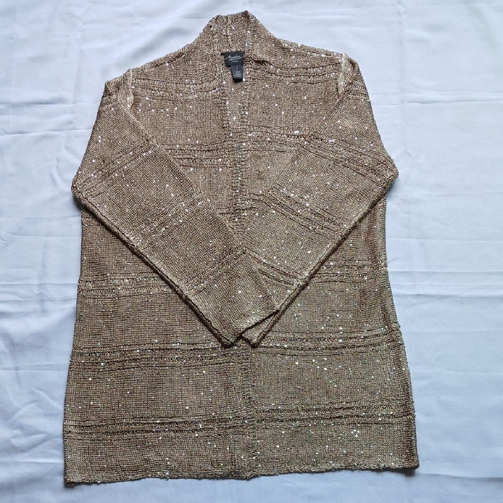 Chico's Tan Cardigan Sweater Textured Knit Open Front‎ Sz 1 - Picture 3 of 8